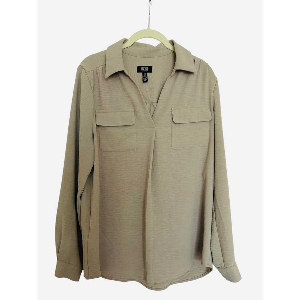 Jones New York Tan V-Neck Long Sleeve Blouse Top Small Career Office Classic